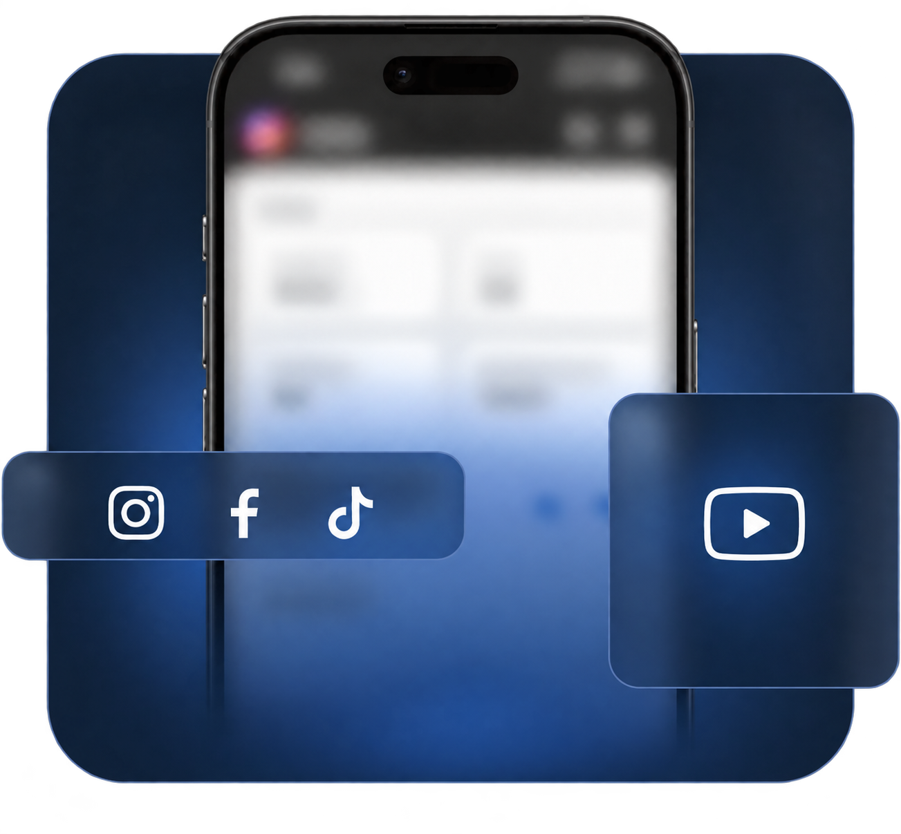 Celular con pantalla desenfocada y logos flotantes de Instagram, Facebook, TikTok y YouTube